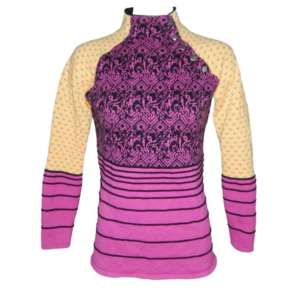 Neve Merino Wool Blend Fair Isle Sweater Size M Pink Yellow Pullover 012
